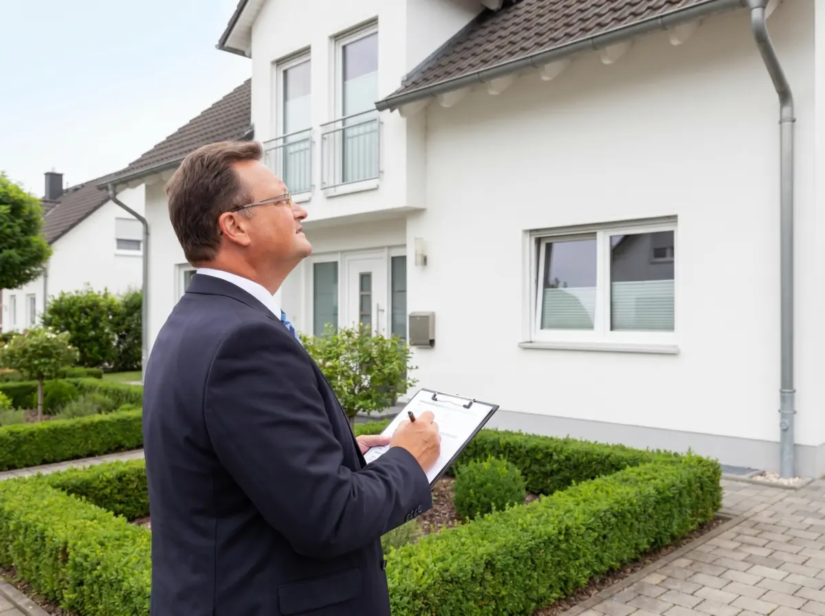 Bausachverständiger begutachtet mit Klemmbrett die Fassade eines Wohnhauses im Rhein-Erft-Kreis
