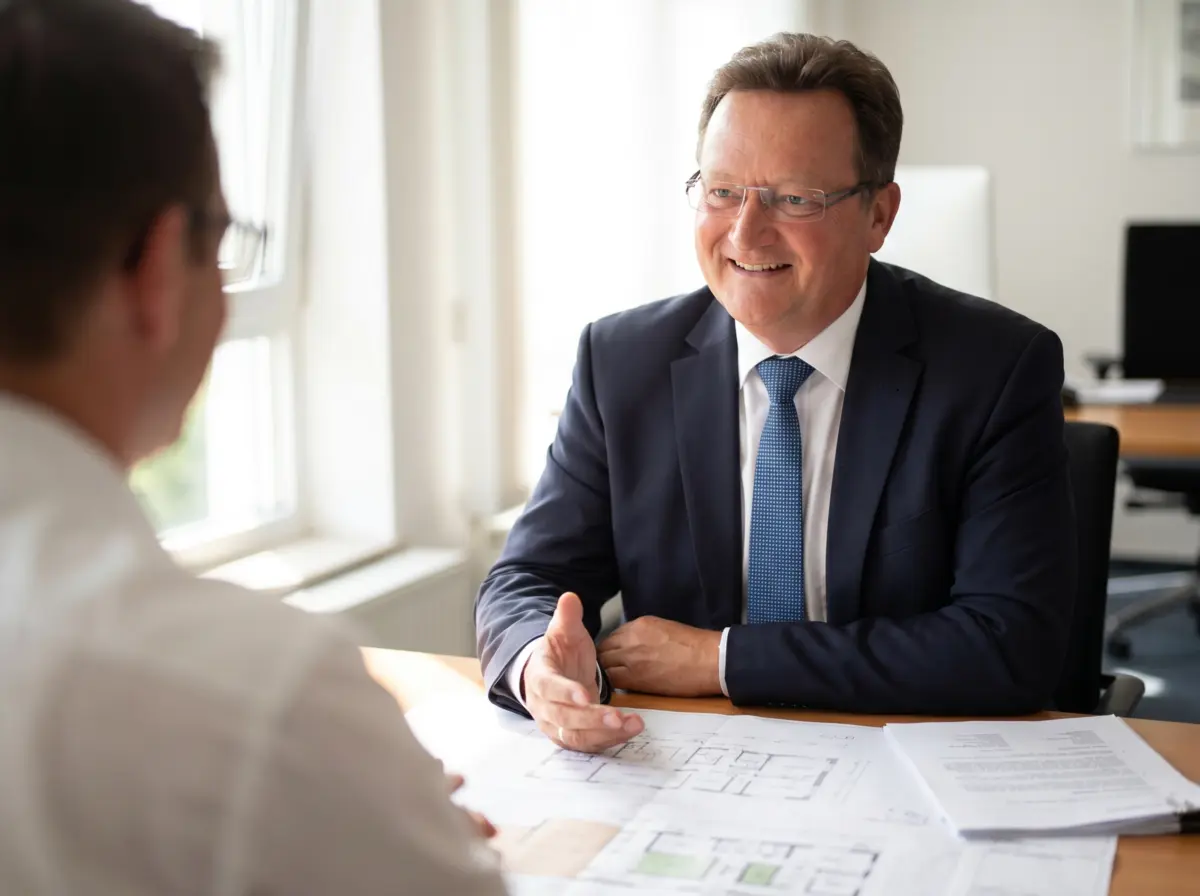 Bau- und Energieberater im Erstgespräch mit einem Kunden über Baupläne